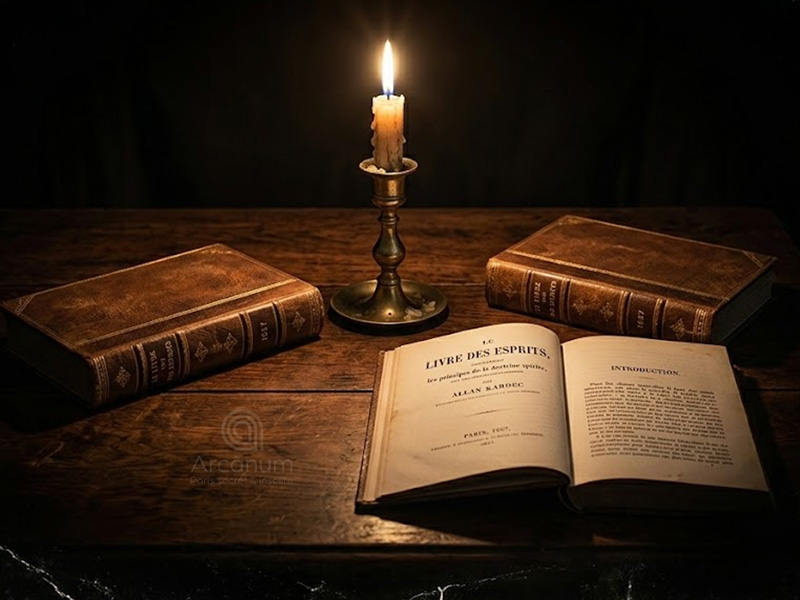 Couverture originale du Livre des Esprits publi&eacute; par Allan Kardec en 1857, ouvrage fondateur du spiritisme