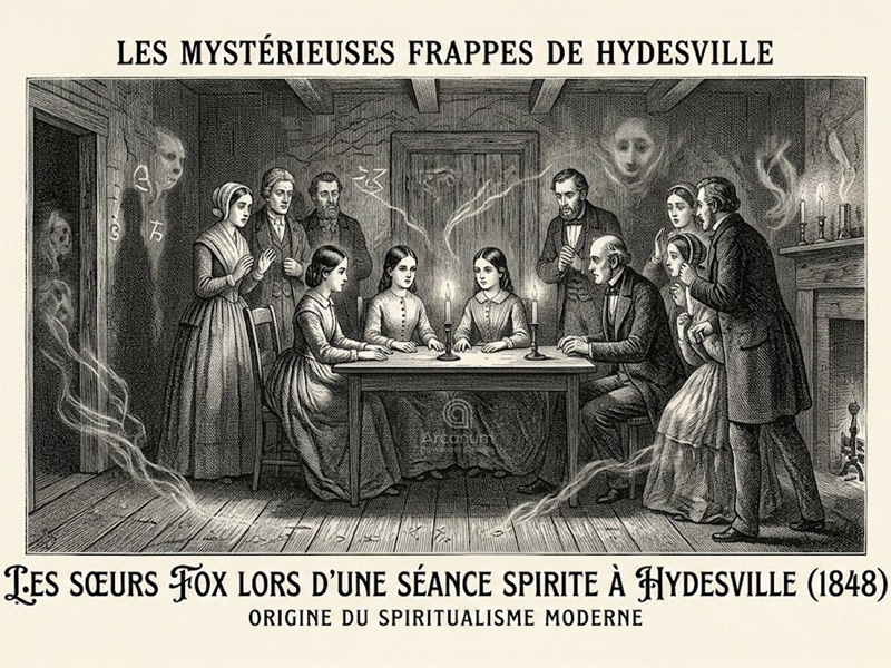 Les s&oelig;urs Fox communiquant avec les esprits par des coups frapp&eacute;s &agrave; Hydesville en 1848, origine du mouvement spirite mondial