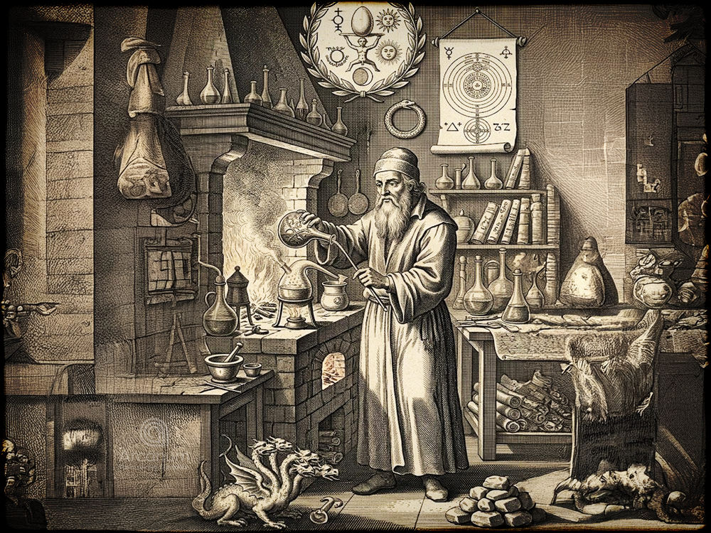 Nicolas Flamel : alchimiste cherche la pierre philosophale dans son laboratoire